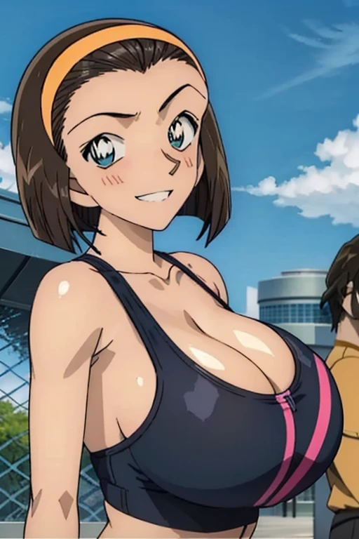 looking at the camera、When I Look at You、lookatviewer、Anime Style、Eroge、1 girl,  (Huge breasts:1.5)、((Sports Bra))、Low Angle、Brown haired, hair band、bob hair、The forehead is visible、blush, bangs,,round chest、smile、whole body、