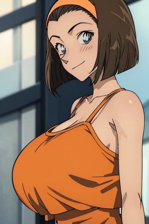 looking at the camera、When I Look at You、lookatviewer、Anime Style、Eroge、1 girl, (Huge breasts:1.5)、((crop camisole))、Low Angle、Brown haired, hair band、bob hair、The forehead is visible、blush, bangs,round chest、smile、((whole body))、(From the side:1.5)