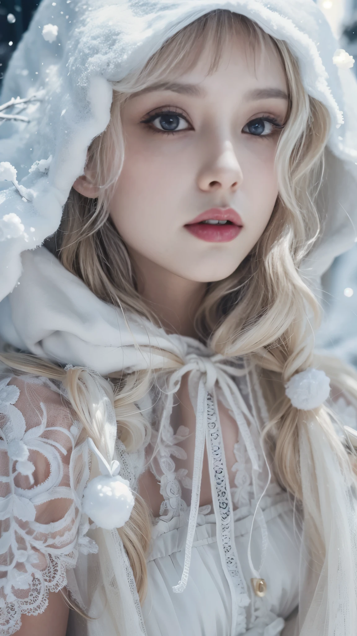 (8k, RAW photos, Best quality, masterpiece:1.2),(Realistically, Shoot real:1.4)
Lolita clothing,Lace, Iris Gainsborough, sit on the floor,(Cloak,external,Covered with snow,Snowfield) high quality, High Detail Skin, Looking at the audience,