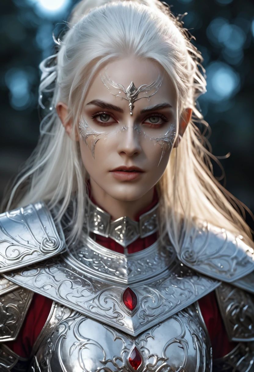 Everquest evil elf ,white eyebrows, eyelashes, curved mouth expression, smooth skin, long luscious platinum whie hair, long detailed goatee, full detailed body, hyper realistic detailed black red white necromantic warrior armor, fantasy two handed claymore, fantasy dnd at night full moon light