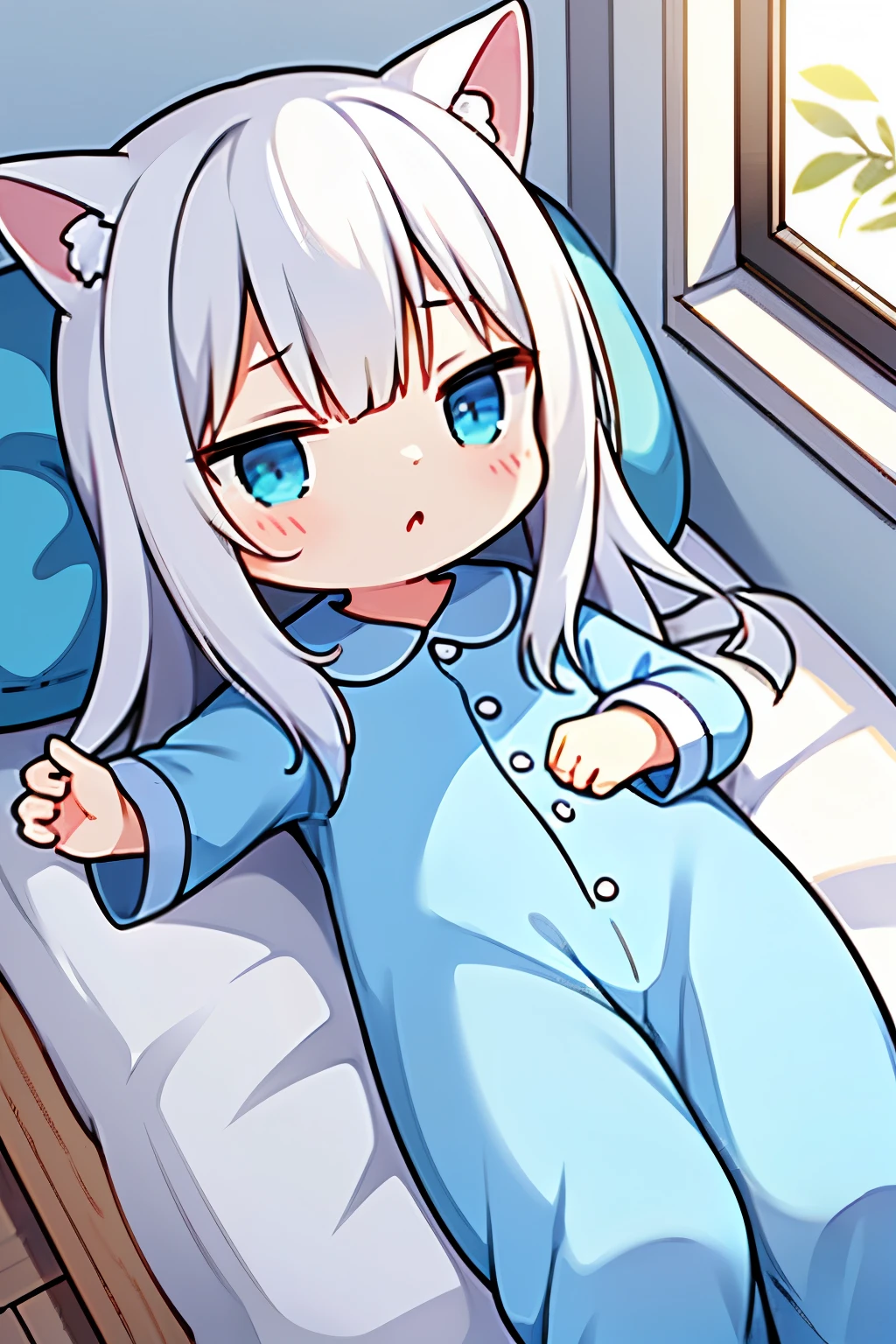 (in 8K, highest quality, masterpiece: 1.2), super high resolution,1 girl,(chibi:1.4),The girl is sitting on sofa, silver hair,(silver rabbit ears),highly detailed face, detailed eyes, parted lips, blue eyes, half closed eyes,jitome,crossed bangs,Medium hair,red lolita fashion,red Hair ribbon,rim light,cute,Bed, kitten,Fancy,children's room,white background