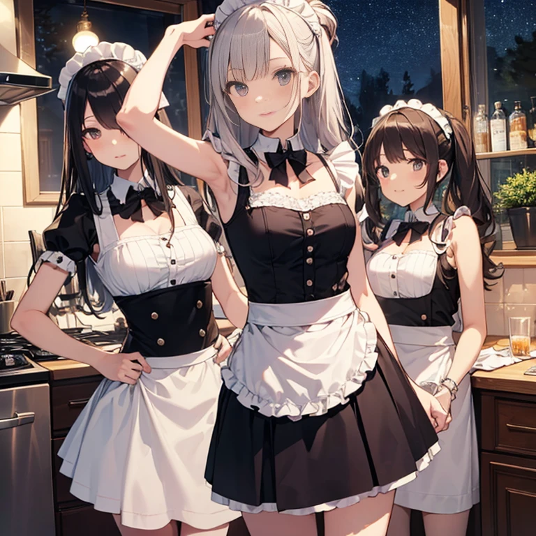 A group of maids, (in kitchen), various hair styles, harem, wearing maid uniform, night, details face, , short skirt, seducing, sleeveless , night, starry night, armpits