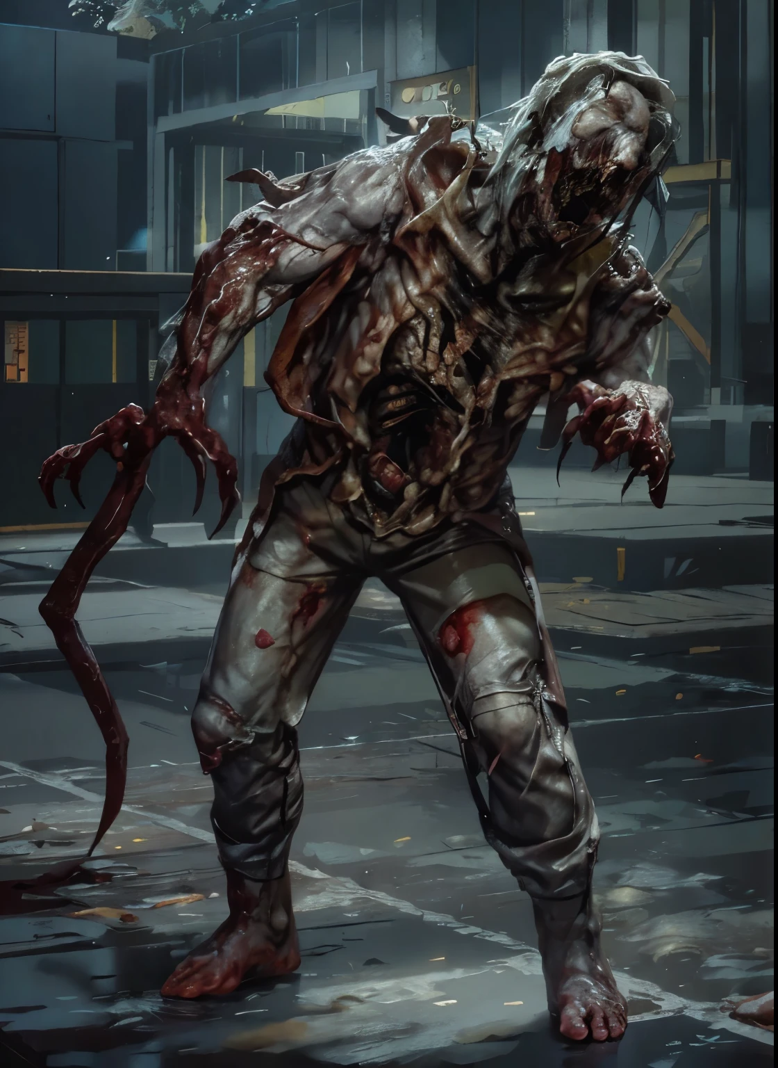 1 zombie, a zombie in a yellow radiation protection suit, one hand is a tentacle, afternoon lighting, scary face, rough skin, upper body, close-up, 8k, RAW photo, best quality, masterpiece, realism,dark, spooky, zombie, undead, horror, blood, decay, rotting, torn clothes, pale skin, eerie, red eyes, disheveled hair, frightening, teeth, bones, graveyard, moonlight, shadows, creepy, gory
