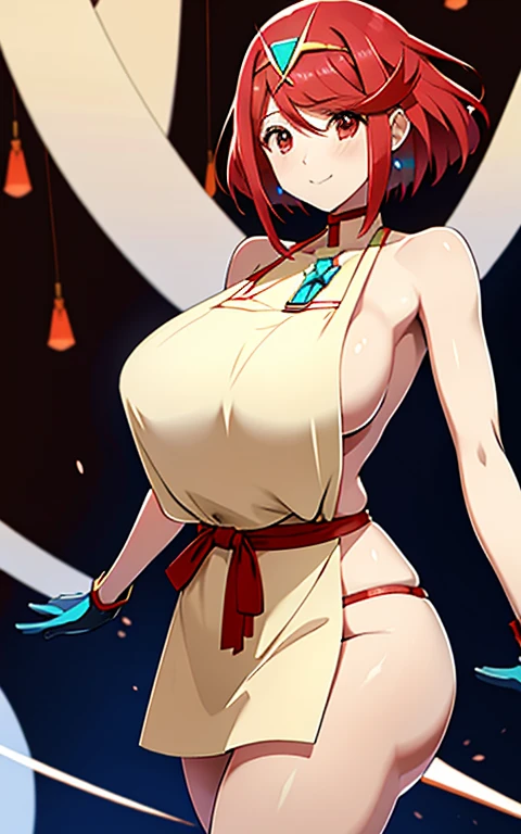 masterpiece,best quality,pyra,\(xenoblade\),xenoblade chronicles \(series\), (xenoblade chronicles 2),1girl, bangs, breasts, red eyes,earrings, eyelashes, floating hair, gem, gloves, hair ornament, headpiece, jewelry, huge breasts,huge thighs, narrow waist, wide hips, thick thighs, curvy, leaning back, official art, red hair, saitou masatsugu, short hair,, solo,swept bangs, naked, nude, naked apron, tiara, vambraces,various pose, unity,8k wallpape