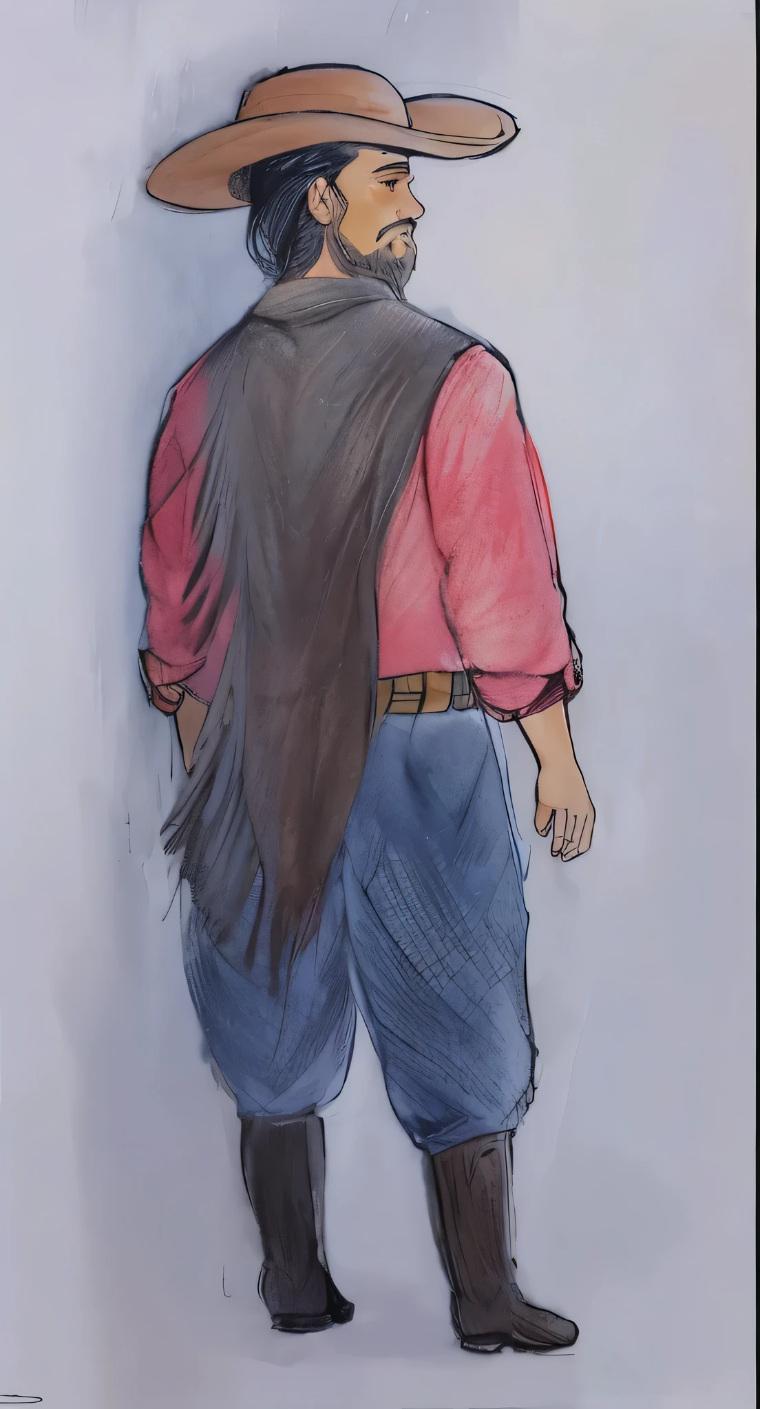 desenho de um nativo gaucho, homem com camisa vermelha, bomber pants, gaucho, black poncho scarf, hat and beard,  camisa vermelha, com seus cabelos negros, watercolored, pastel artwork, colored sketch, colorized pencil sketch
