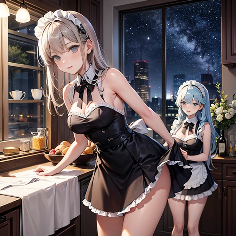 Silver hair, twin drills, on all fours, showing her butt to the camera, white and blue vertical striped panties, panties are wet and stained, blushing, tears, alone, knees on the ground, sticking her back and butt out to the camera