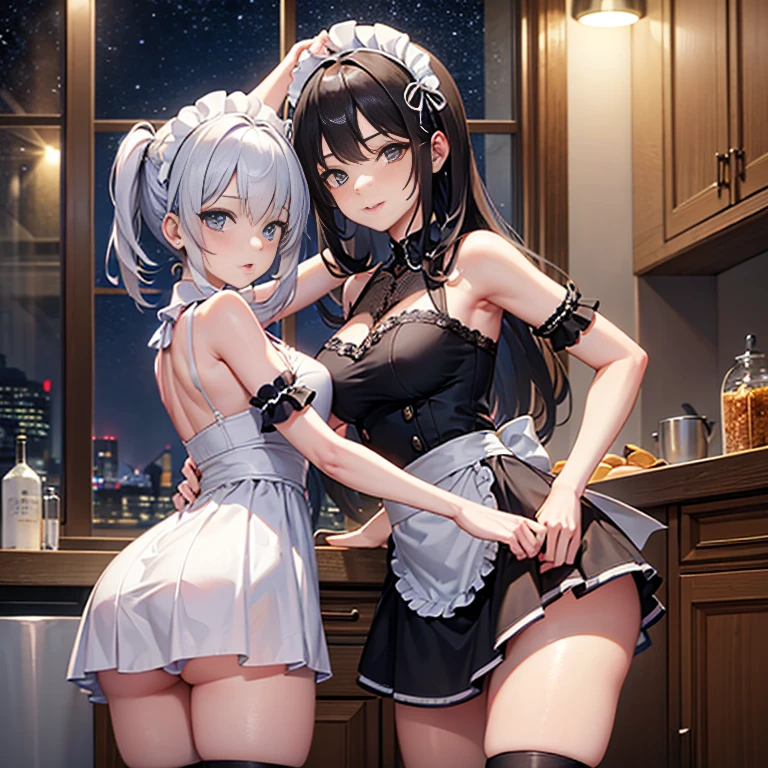 A group of maids, (in kitchen), various hair styles, harem, wearing maid uniform, night, details face, , short skirt, seducing, sleeveless , night, starry night, armpits