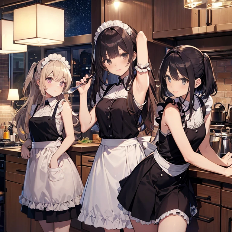 A group of maids, (in kitchen), various hair styles, harem, wearing maid uniform, night, details face, , short skirt, seducing, sleeveless , night, starry night, armpits