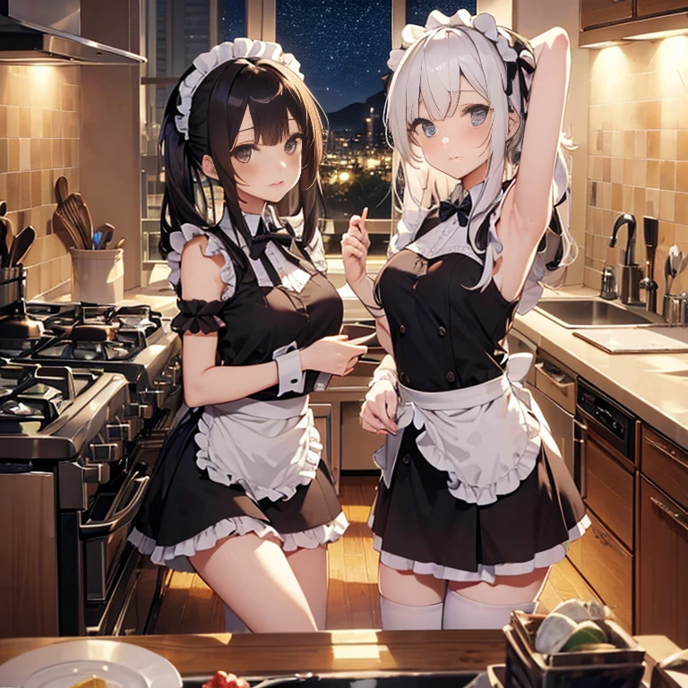 A group of maids, (in kitchen), various hair styles, harem, wearing maid uniform, night, details face, , short skirt, seducing, sleeveless , night, starry night, armpits