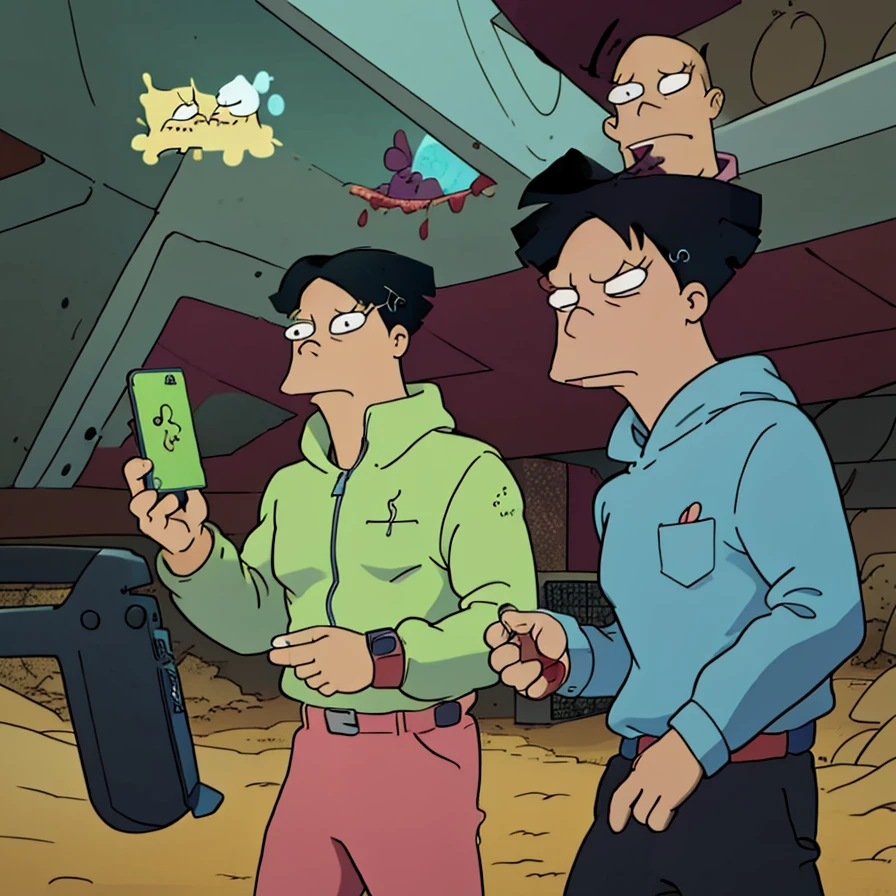 cartoon character of a man with a phone in his hand on Desert, green blob on Red Cap, looking at his phone, pixivs and Scott Peterson, Scott Peterson and greg rutkowski, inspired by Scott Peterson, subtle Scott Peterson, Scott Peterson art, junji ito undertones, scott peterson style, inspired by Scott Peterson
