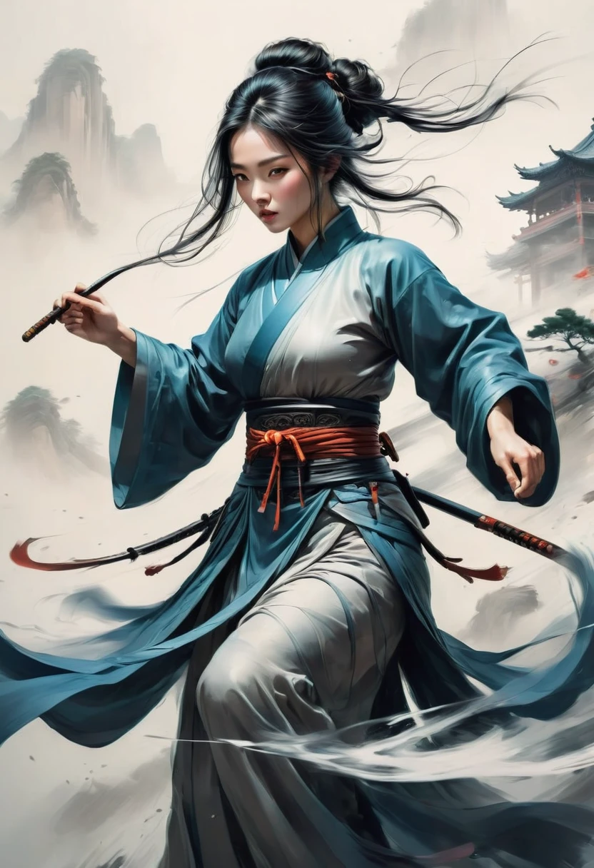 Motion Blur, action-lines, Chinese wuxia, dynamic illustration, minimalism art, best quality, masterpiece, very aesthetic, perfect composition, intricate details, ultra-detailed