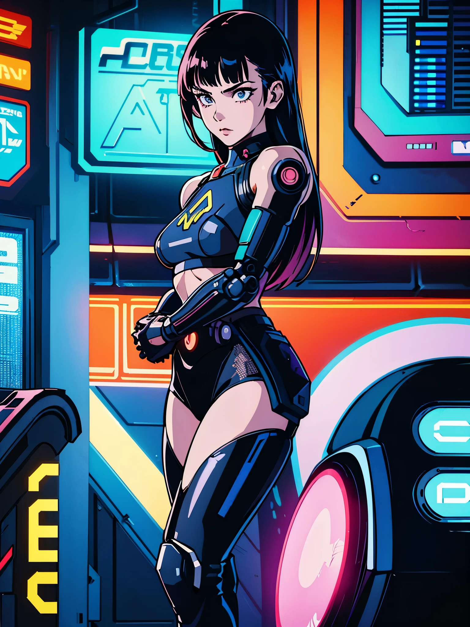 digital art drawing, illustration of (girl, metal robotic arms, cyberpunk 2077, neon), anime drawing/art, bold linework, illustration, digital art, masterpiece, flat illustration, no shadows, 8k resolution, high detail, vector art, only anime, perfect eyes, perfect hands, sharpness, high clarity
