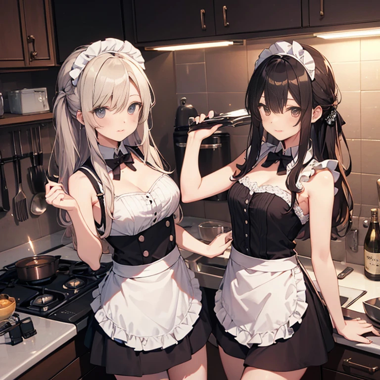 A group of maids, (in kitchen), various hair styles, harem, wearing maid uniform, night, details face, , short skirt, seducing, sleeveless , night, starry night, armpits