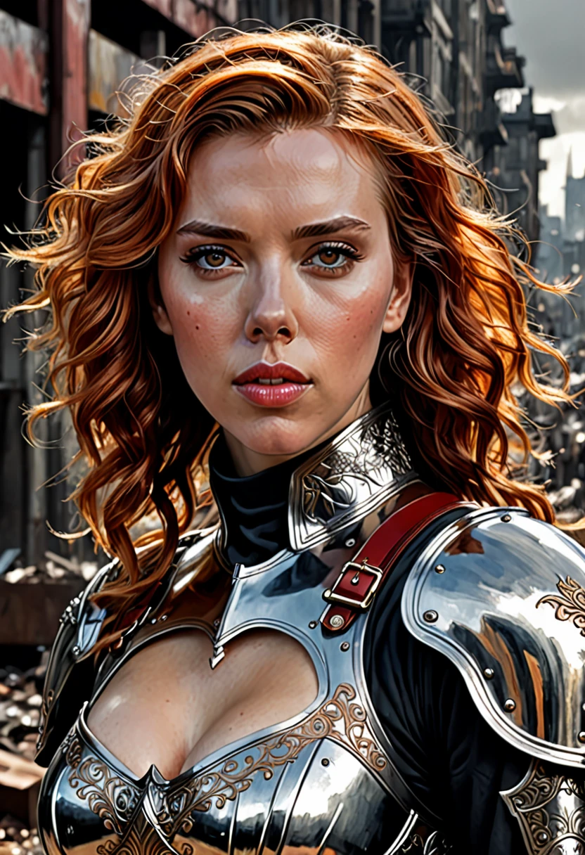 Scarlett Johansson, a beautiful woman, orange eyes, (blush nose), detailed eyes, cinematic, drawn by Greg Rutkowski, Yoji Shinkawa: 0.6long curly red hair, defined body, wearing detailed Victorian-era armor (((super strong)), masterpiece, best quality, ultra-detailed, ground, destroyed city background, shadows, contrast, gray sky, style (look at viewer: 1.2) (skin texture) (film grain: 1.3), ultra-high resolution, octane render, 16k