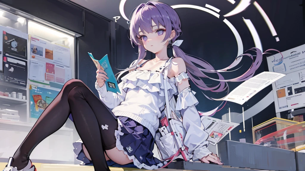 purple hair, purple eyes, 1girl,(masterpiece:1.2) , (best quality:1.2) , (ultra-detailed:1.2), wearing headphones, Averted Gaze, closed mouth, reading a book, at the cafe, Half-Body Shot