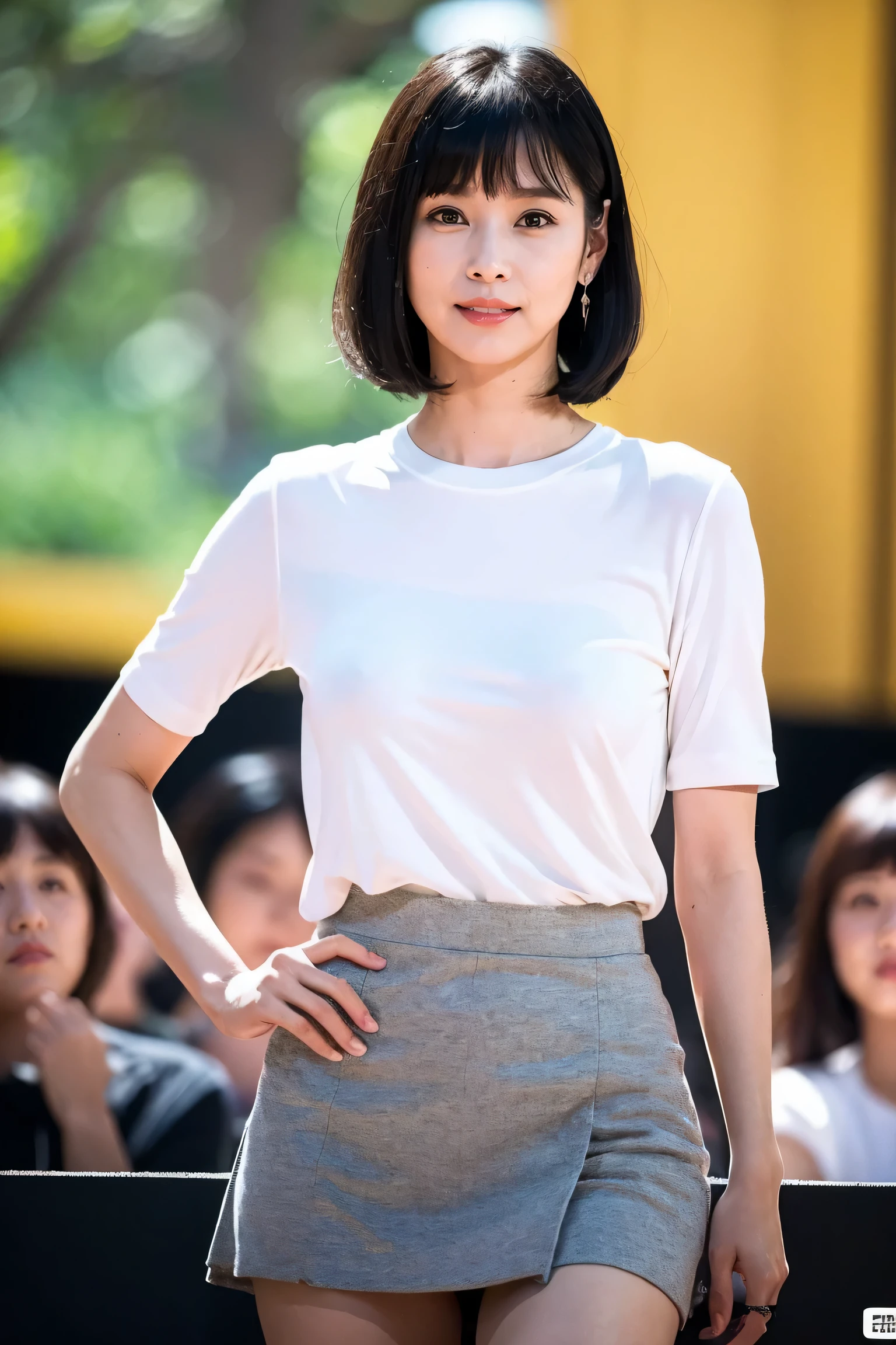 (8k, RAW Photos, highest quality, masterpiece:1.2), Super detailed, Super Resolution, (Realistic, Realistic Photo:1.37), Portraiture, High resolution RAW color photos, Professional photos, Very detailedで美new, Very detailed, 8k wallpaper, Amazing detail, Large file size, Official Art, highly detailed CG unity 8k wallpaper, very detailed beautiful girl, Very detailed顔, Very detailed目, Very detailed肌, Very detailed指, Very detailed鼻, very detailed detailed mouth , Perfect Anatomy, Very detailed background, very detailed clothes, 1 girl, (18:1.2), 20th Generation, cute girl, Realistic body, small, Fair skin, Glowing Skin , Because I'm Slim, handsome body, Black Hair , curly hair, (Blunt bangs:1.2), smile, cute, like々new, cute face, Realistic face, Delicate eyes, Droopy eyes, White T-shirt, Short skirt, Earrings, Looking at the audience, Cowboy Shot, Look forward, Standing position, Opposition, Dynamic Lighting, Very large breasts,