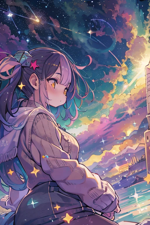 high detailing, Super Detail, 超A high resolution, Girl enjoying time in the galaxy of dreams, surrounded by stars, Warm light sprinkled on her, Starry sky with colorful galaxies and galactic clouds in the background, Stars flying around her, Delicate face, Add a playful atmosphere ,