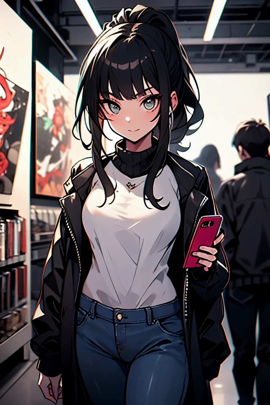 ((best quality)), ((artwork)), (detailed), perfect face thin woman , blue eyes, long curly black hair tied in a ponytail, wearing black jeans and a turtleneck sweater. The jacket was a thin black windbreaker, holding an smartphone