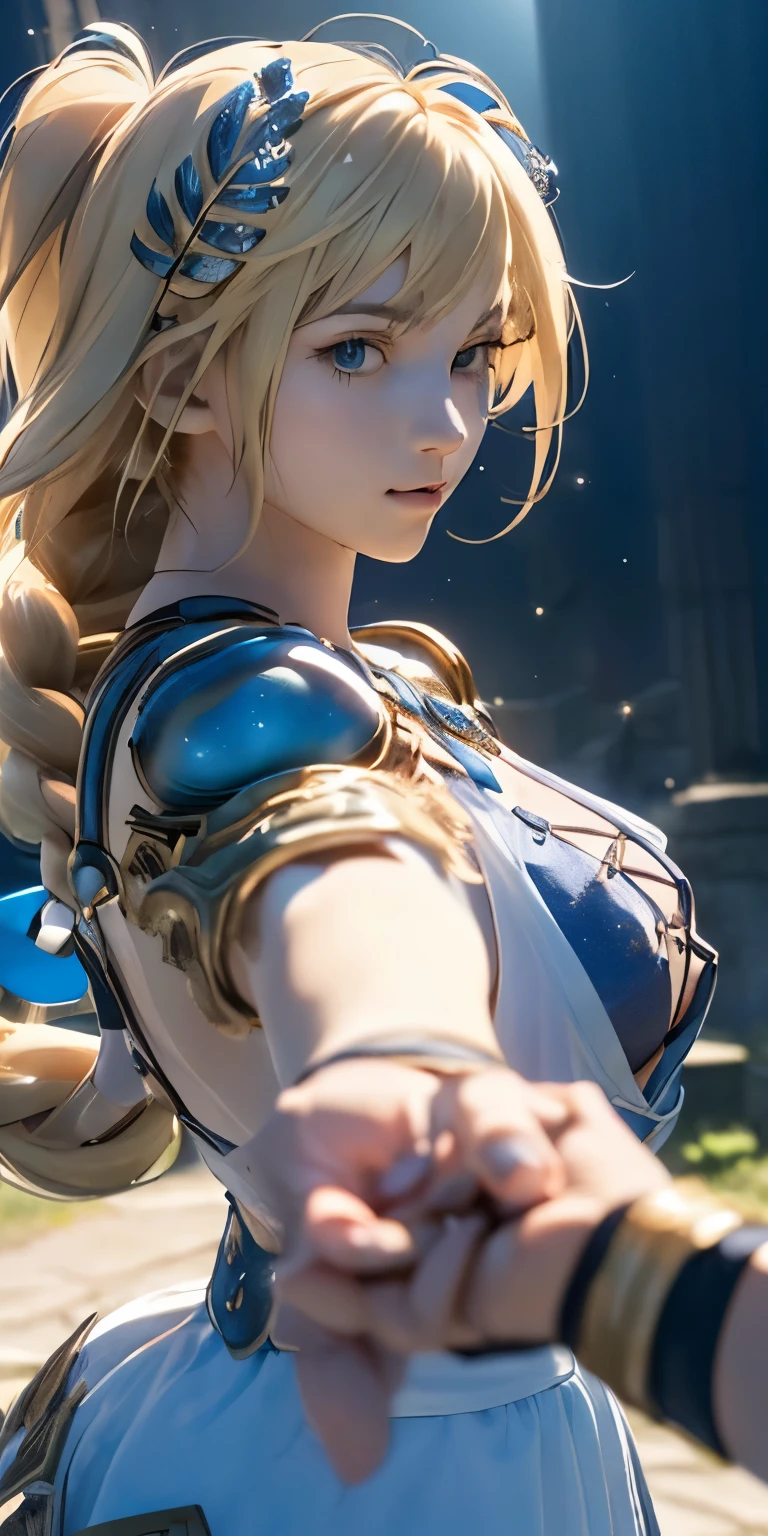 (masterpiece, best quality:1.3), Sophitia Alexandra, Soul Calibur, (upper body:1.5), anime, intricate detail, japanese style, 28 years old, look at viewer, gold hair, braid hair, (reaching out:1.5), (ruins blessed by the god Hephaestus, filled with a mystical air, beautiful stars spread out in a mysterious arrangement in the dark midnight:1.2),