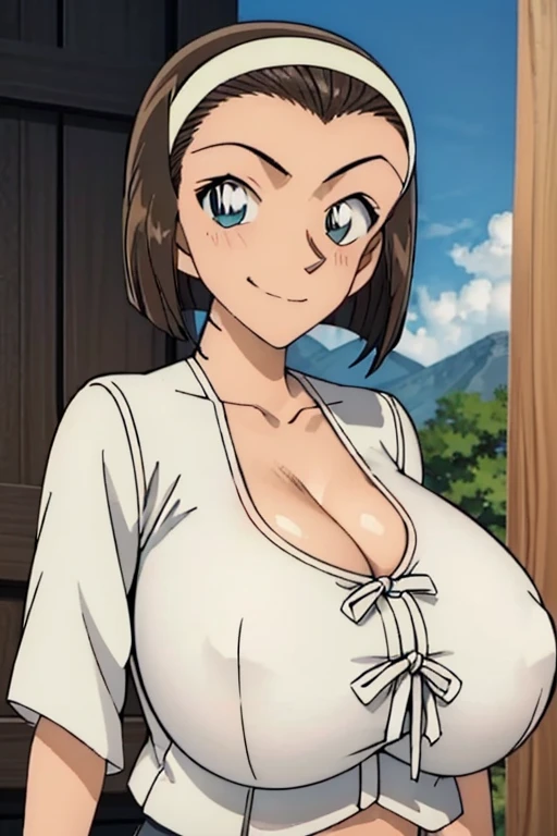 looking at the camera、When I Look at You、lookatviewer、Anime Style、Eroge、1 girl, (Huge breasts:1.5)、((Collarless white cropped blouse))、Low Angle、Brown haired, hair band、bob hair、The forehead is visible、blush, bangs,round chest、smile、((whole body))、(From before:1.5)、valley