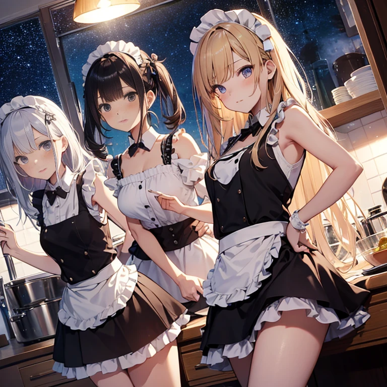 A group of maids, (in kitchen), various hair styles, harem, wearing maid uniform, night, details face, , short skirt, seducing, sleeveless , night, starry night, armpits