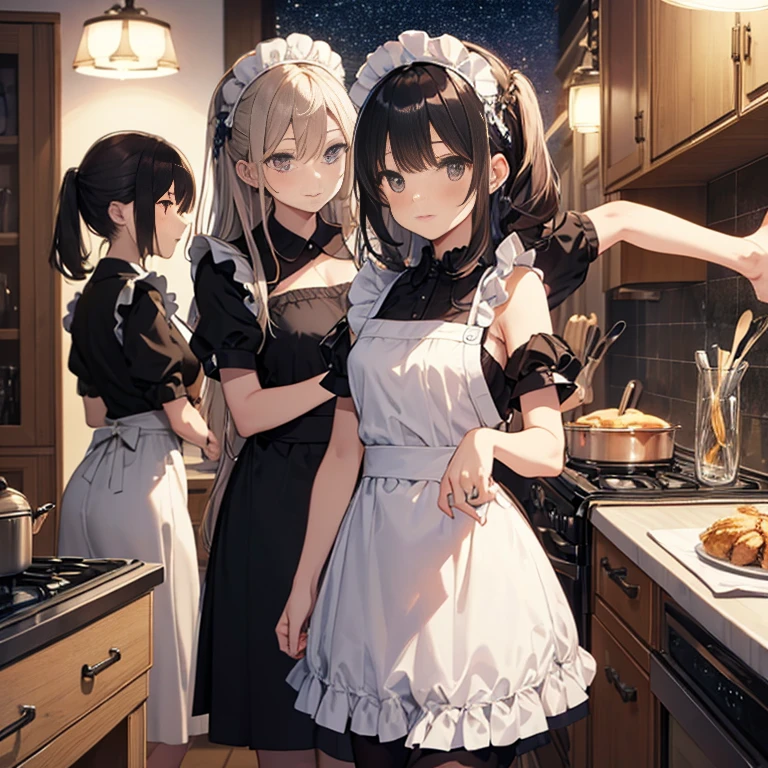 A group of maids, (in kitchen), various hair styles, harem, wearing maid uniform, night, details face, , short skirt, seducing, sleeveless , night, starry night, armpits 