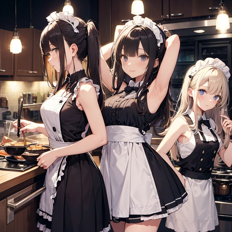 A group of maids, (in kitchen), various hair styles, harem, wearing maid uniform, night, details face, , short skirt, seducing, sleeveless , night, starry night, armpits 