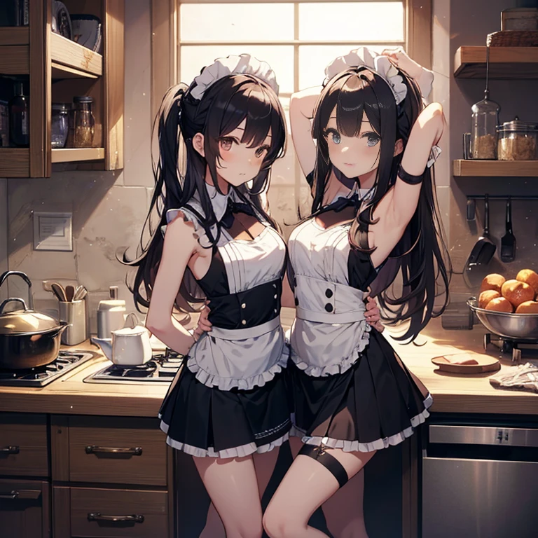 A group of maids, (in kitchen), various hair styles, harem, wearing maid uniform, night, details face, , short skirt, seducing, sleeveless , night, starry night, armpits 