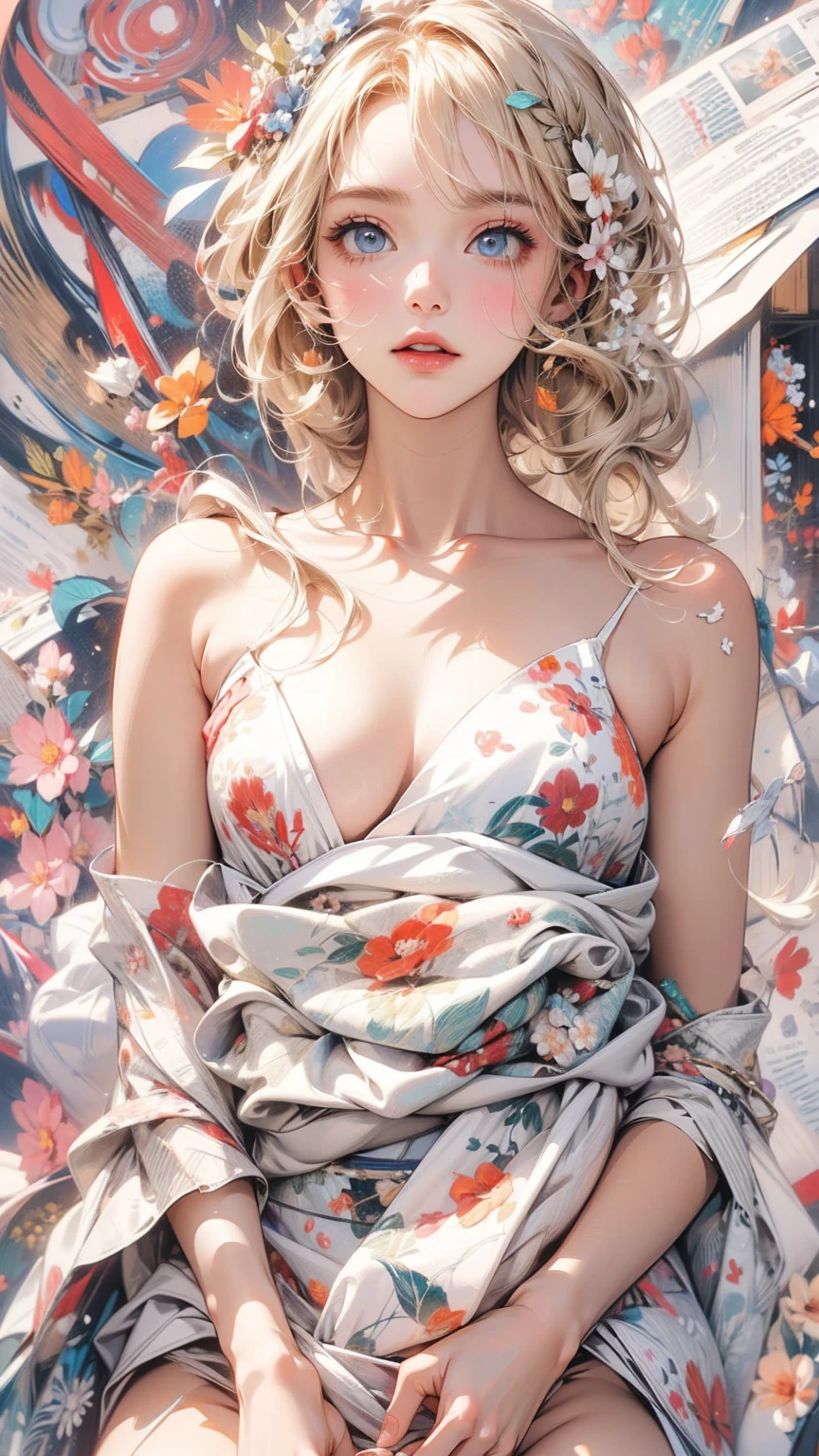 (masterpiece, High resolution, highest quality), Composition from head to thighs:1.3, Upper body focus, A naked 20 year old woman, Disorganized, Collage with petals, abstract design, artistic juxtapositions, White background, mixed-media approach, Anime Style, simple lines, Digital Painting,