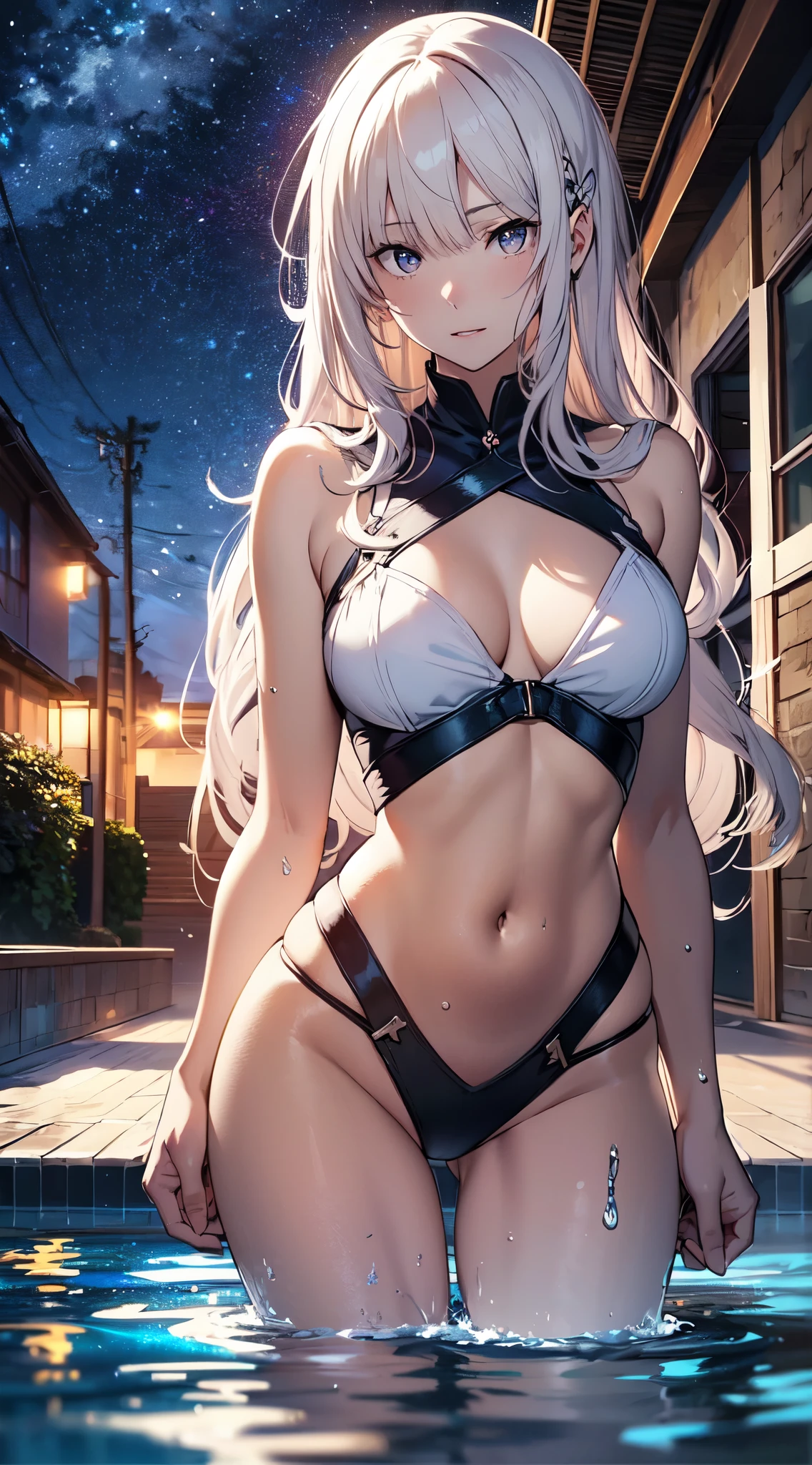 Focus on the person. We create and express the best shining composition of the person. ((Masterpiece)), (((highest quality)))), ((Ultra detail)), (Ultra realistic), (Highly detailed CG illustrations), (Very delicate and beautiful), Emilia re:zero, purple eyes, Emilia, crown braid, x hair ornament, flowerGirls as masterpieces, highest quality, realistic skin, realistic fabrics, realist illustrations focusing on girls with realistic and ultra-detailed eyes in the center front. This is the absolute rule, and the following sentence expresses the image quality. It is the greatest masterpiece in the history of the class of Inuitsuki Ichigo, in which the owner of the greatest painting talent in human history met an unparalleled beauty and risked his life to depict the most beautiful figure. Create stunning anime artwork that is currently trending on seaStation, showcasing exquisite beauty and captivating aesthetics. Background: Night view of the vast outdoor pool. The illuminated decorations, water slides, and the glow of the light reflected on the surface of the water express the glamour of the pool at night.
Character: Beautiful girl has long platinum blonde hair with clear skin and deep blue eyes. Despite her small stature, she beautifully draws the proportions of her dynamite body.
Pose: Depicts a person standing at the end of a water slide and deciding to jump into the pool with a confident expression.
Effects: Depict sparkling light in splashes or reflections of light on the surface of the water for a beautiful visual effect. The image should be hyper-realistic, highly detailed, and in high-resolution 16k. Use a Sony Alpha 1 Mirrorless Camera with a Sony FE 24-105mm f/4 G OSS lens. Set the ISO sensitivity to 32,000 and the shutter speed to 1/125 second. The image should be framed in such a way that the girl is in the center, with the vast starry sky above and the rolling hills of "Princess Mononoke" in the background. --ar 16:9 --v 5.1 --style raw --q 2 --s 750