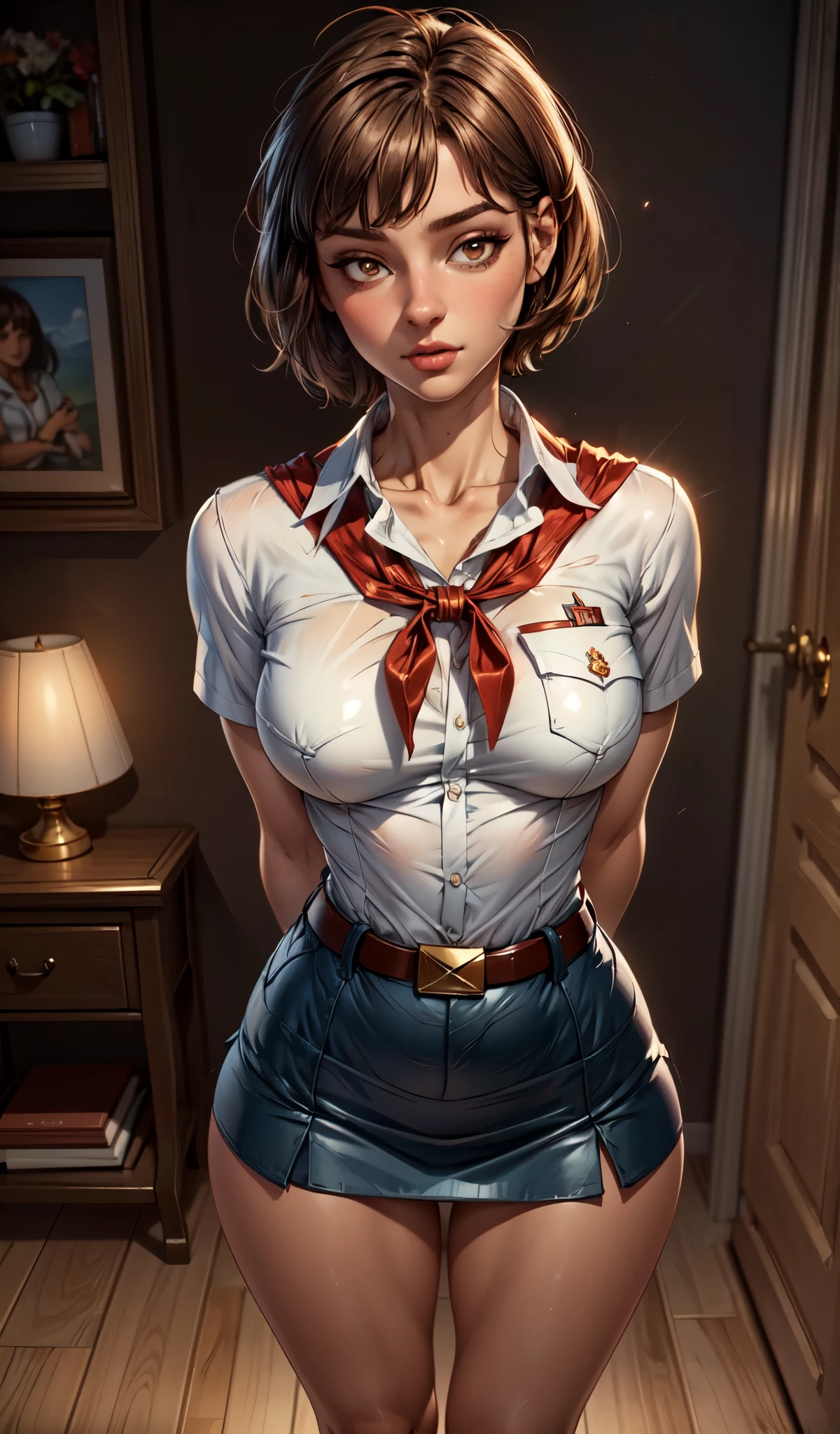 detailed eyes, (full body shot:1.2), 8k, (skinny body:1.2), curvy, (hands behind her back:1.2), seductive pose, (looking at viewer, 8k vector photography, , beautiful eyes, realistic lighting, detailed outfit, realistic facial features, hyper detail, (perfect angle, focus on face hips and breastegane)), (very short hair:1.3), short disheveled hair, ahoge, flat chest, pioneer neckerchief, micro blue tight skirt, bangs, shirt, collarbone, very tight white shirt, short sleeves, collared shirt, belt, eyelashes, red neckerchief, breast pocket, resembles a sex doll, maryarya