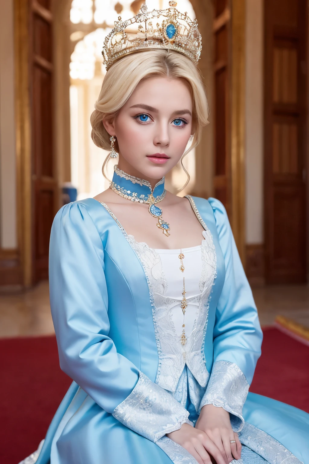 A blonde, white, blue-eyed queen girl dressed like a Turkish sultan and sitting in a palace