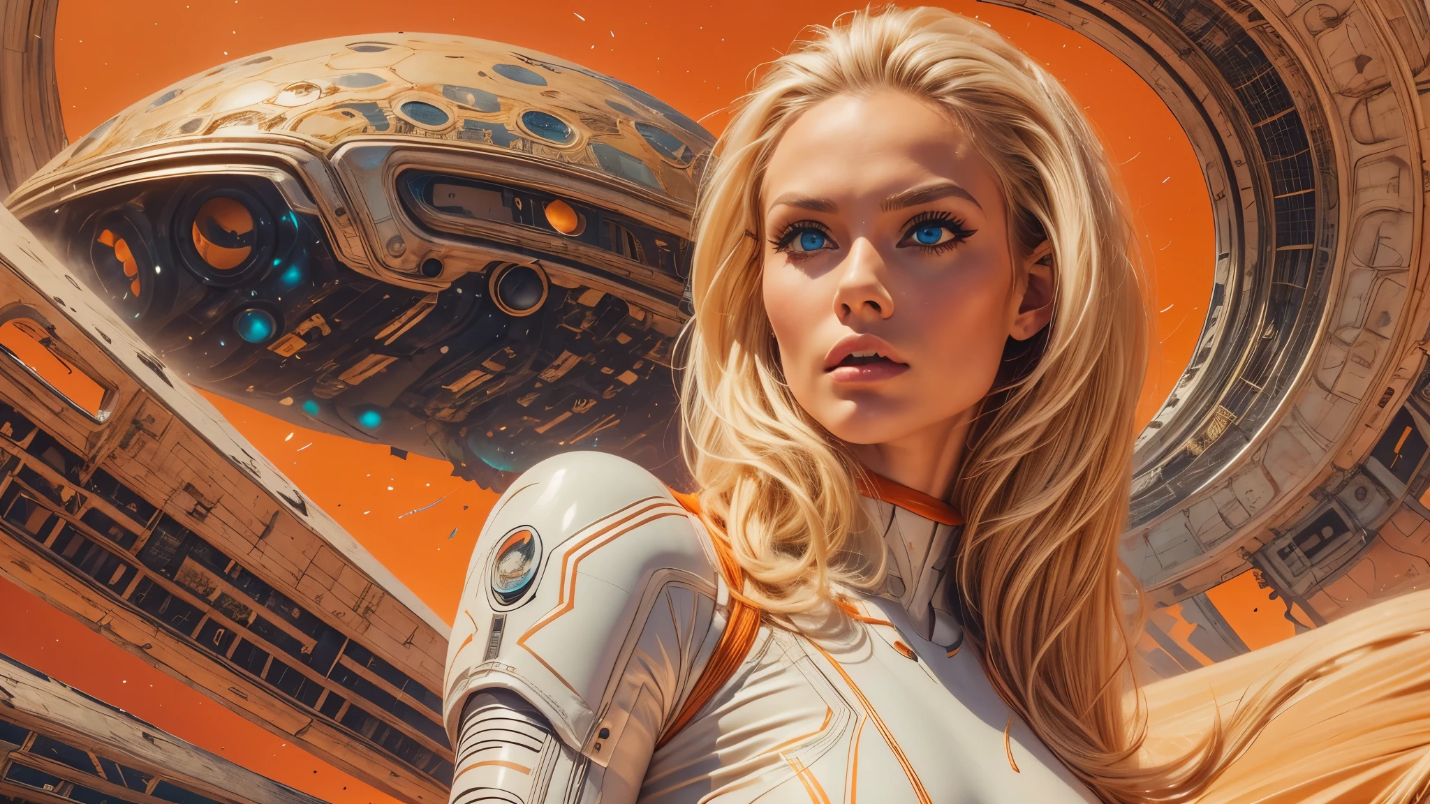 arafed image of a white woman in a futuristic suit with a spaceship in the background, movie art, in front of an orange background, inspired by Robert McGinnis, female protagonist, megastructure in the background, portrait of an ai astronaut, astronauts, an astronaut, portrait of a astronaut skeletor, perfect android girl, detailed eyes, perfectly detailed teeth, frank franzzeta and sakimichan