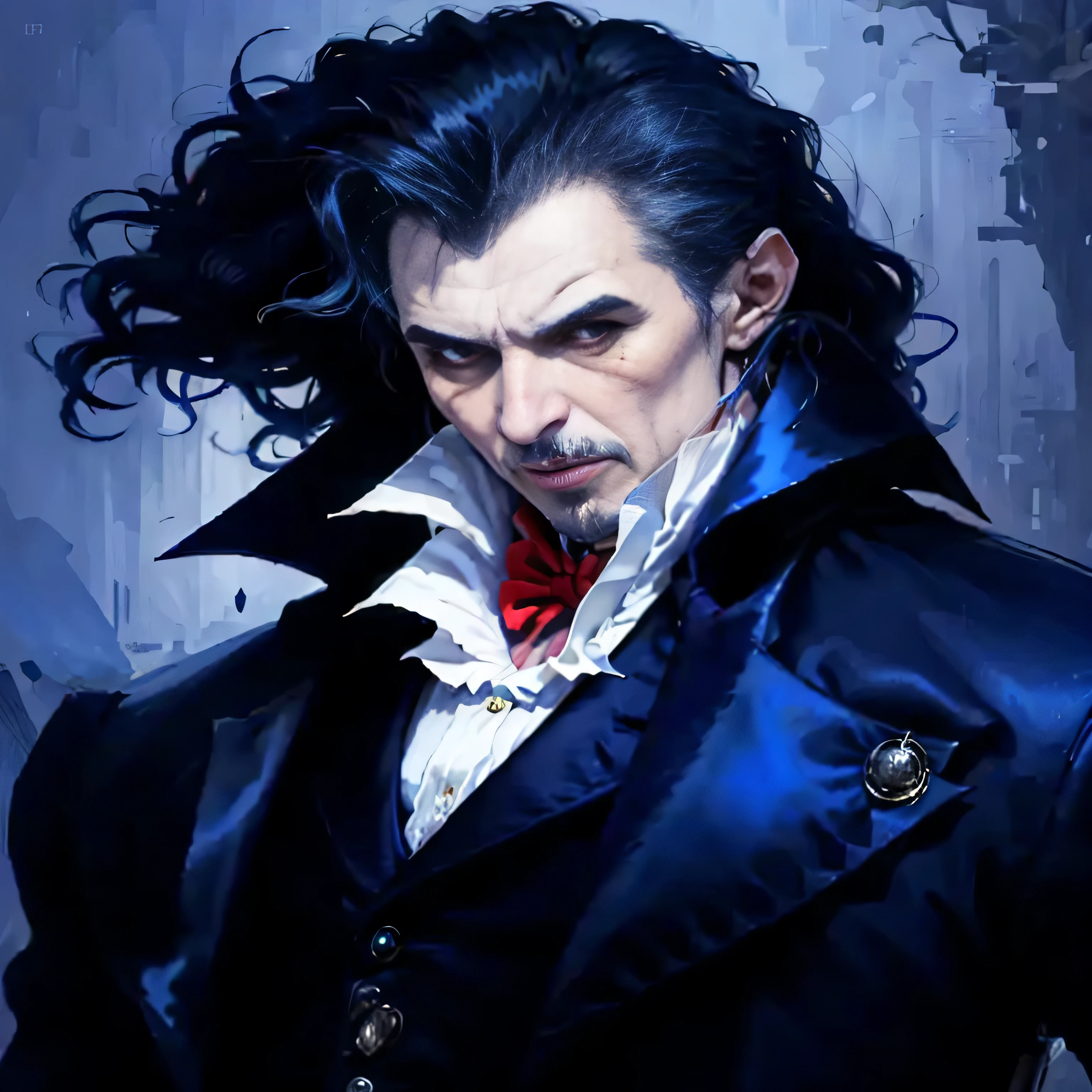 a man in a blue suit with a red bow tie, count dracula, male vampire, victorian vampire, handsome male vampire, elegant victorian vampire, vampire lord, dark vampire, l vampire, vampire portrait, dracula, male vampire of clan banu haqim, vampires fantasy, portrait of a vampire, androgynous vampire, vampire fashion, anime vampires