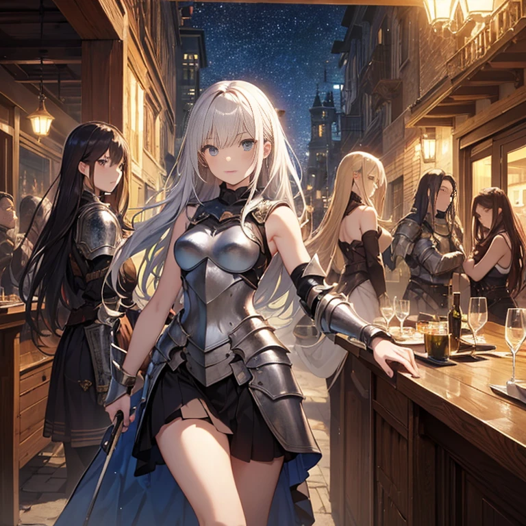 A group of  female medieval fantasy adventurers, (in tavern), various hair styles, harem, night, details face, short skirt, seducing, sleeveless, armor 