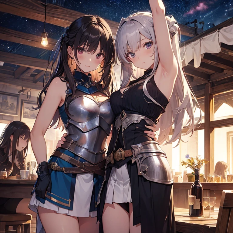 A group of young female knight, (in tavern), various hair styles, harem, wearing armored clothes, metal armor, night, details face, , short skirt, seducing, sword, sleeveless , showing armpits, night, starry night