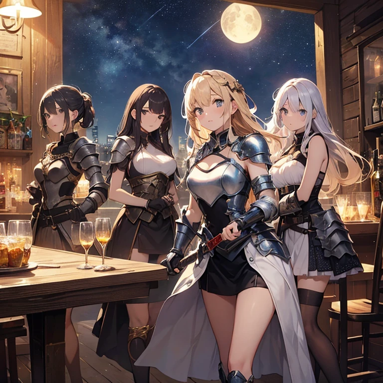 A group of young female knight, (in tavern), various hair styles, harem, wearing armored clothes, metal armor, night, details face, , short skirt, seducing, sword, sleeveless , night, starry night 