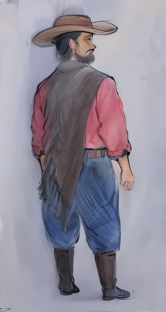desenho de um nativo gaucho, homem com camisa vermelha, bomber pants, gaucho, black poncho scarf, hat and beard,  camisa vermelha, com seus cabelos negros, watercolored, pastel artwork, colored sketch, colorized pencil sketch