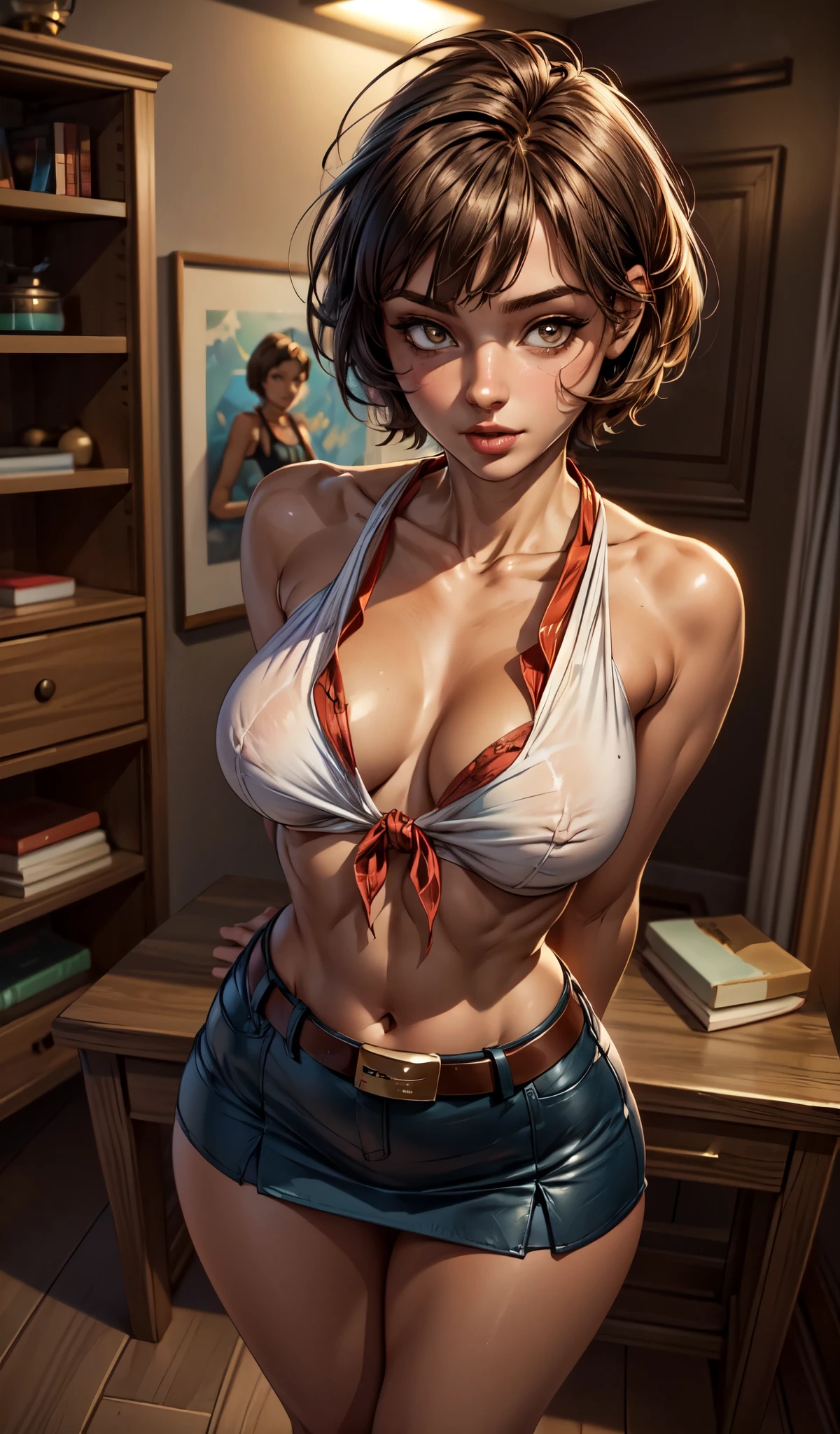 detailed eyes, (full body shot:1.2), 8k, (skinny body:1.2), curvy, (hands behind her back:1.2), seductive pose, (looking at viewer, 8k vector photography, young teen, beautiful eyes, realistic lighting, detailed outfit, realistic facial features, hyper detail, (perfect angle, focus on face hips and breastegane)), (very short hair:1.3), short disheveled hair, ahoge, flat chest, pioneer neckerchief, micro blue tight skirt, bangs, shirt, collarbone, belt, eyelashes, resembles a sex doll, maryarya, topless