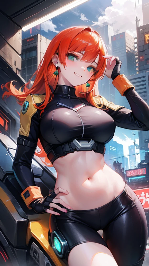 Gwen Tennyson,Tracer,Bulma,Rebecca Chambers,Overwatch,1 Girl,Sunlight,close up,Cyberpunk City,space ship,planet, The Mandalorian,military uniform,Bounty Hunter Gear,Green Long Sleeve Lycra Top,Long hair,silver earrings,Exposing belly,Holding a blaster, Gothic Makeup,Green Eyes,Orange Hair,purple hair highlights,Shy laugh, ,Large Breasts,beautiful girl,Large Breasts,Ultra Detailed,Practical,Fantasy Art，Exposing belly部，belly button，belly button眼，Exposing belly，Thong，Bare legs，Long legs，Meat Leg