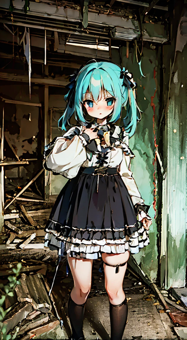 masterpiece, highest quality, (anime screencap:1.3),(shape), cute,(simple:1), (anime:1.2),Solo Sharp Focus, 1 girl, cleavage,looking at the viewer, Japan,aqua hair,((mini skirt)),Are standing, twin tails,summer ,((Black Gothic Costume)),red ribbon,dark gothic,abandoned house,