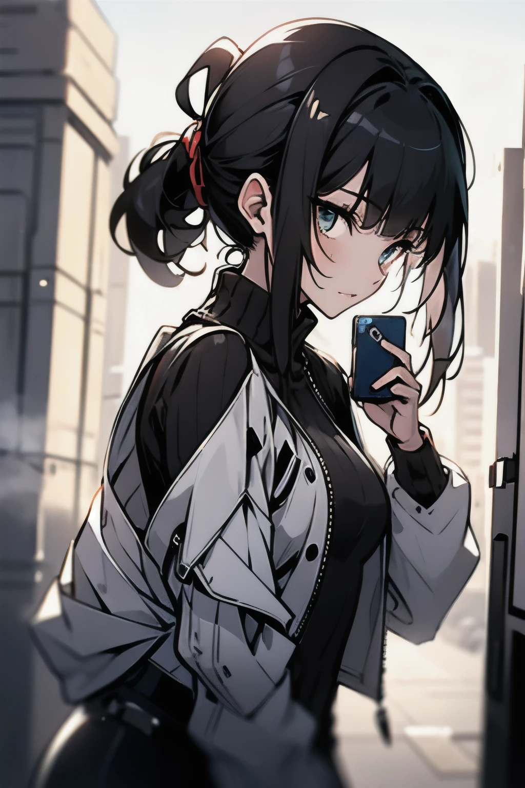 ((best quality)), ((artwork)), (detailed), perfect face thin woman 17 years old, blue eyes, long curly black hair tied in a ponytail, wearing black jeans and a turtleneck sweater. The jacket was a thin black windbreaker, holding an smartphone