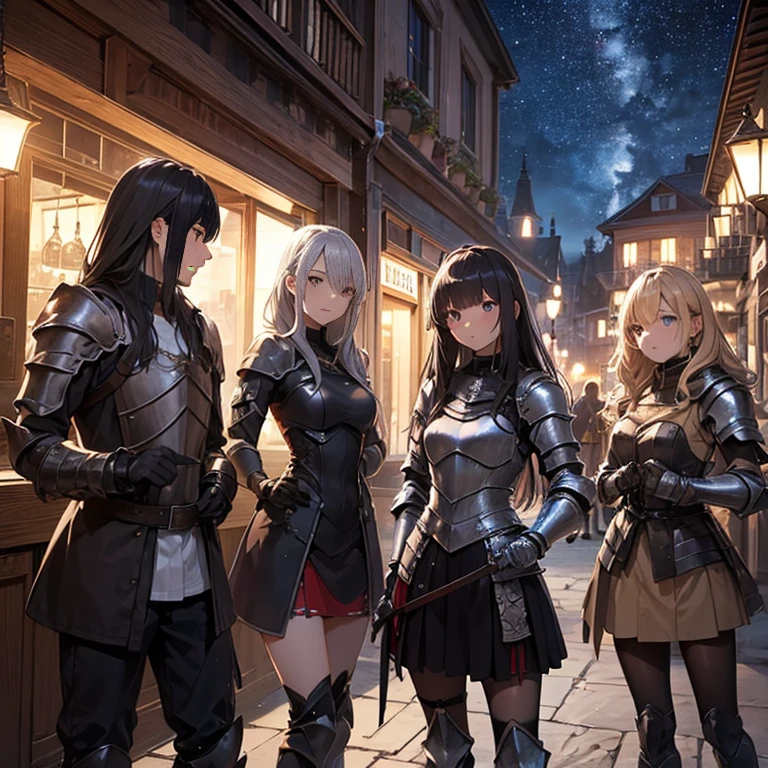 A group of young female knight, (in tavern), various hair styles, harem, wearing armored clothes, metal armor, night, details face, , short skirt, seducing, sword, sleeveless , night, starry night 