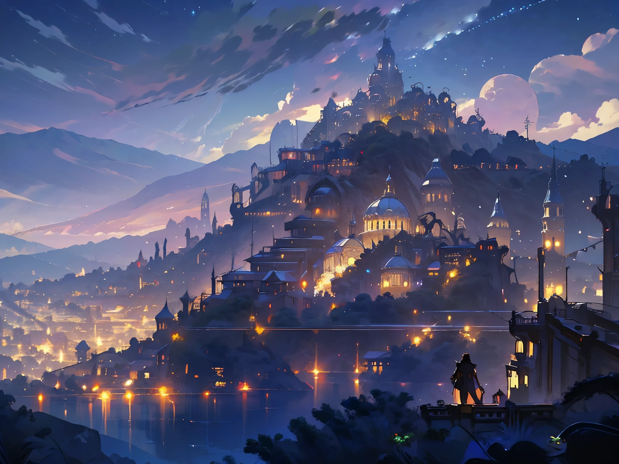 a close up of a person standing in front of a city, concept art inspired by Raphael Lacoste, Artstation contest winner, fantasy art, medieval fantasy game art, artwork in the style of guweiz, detailed game art illustration, medieval concept art, detailed digital 2d fantasy art, 2. 5 d cgi anime fantasy artwork, roleplaying game art