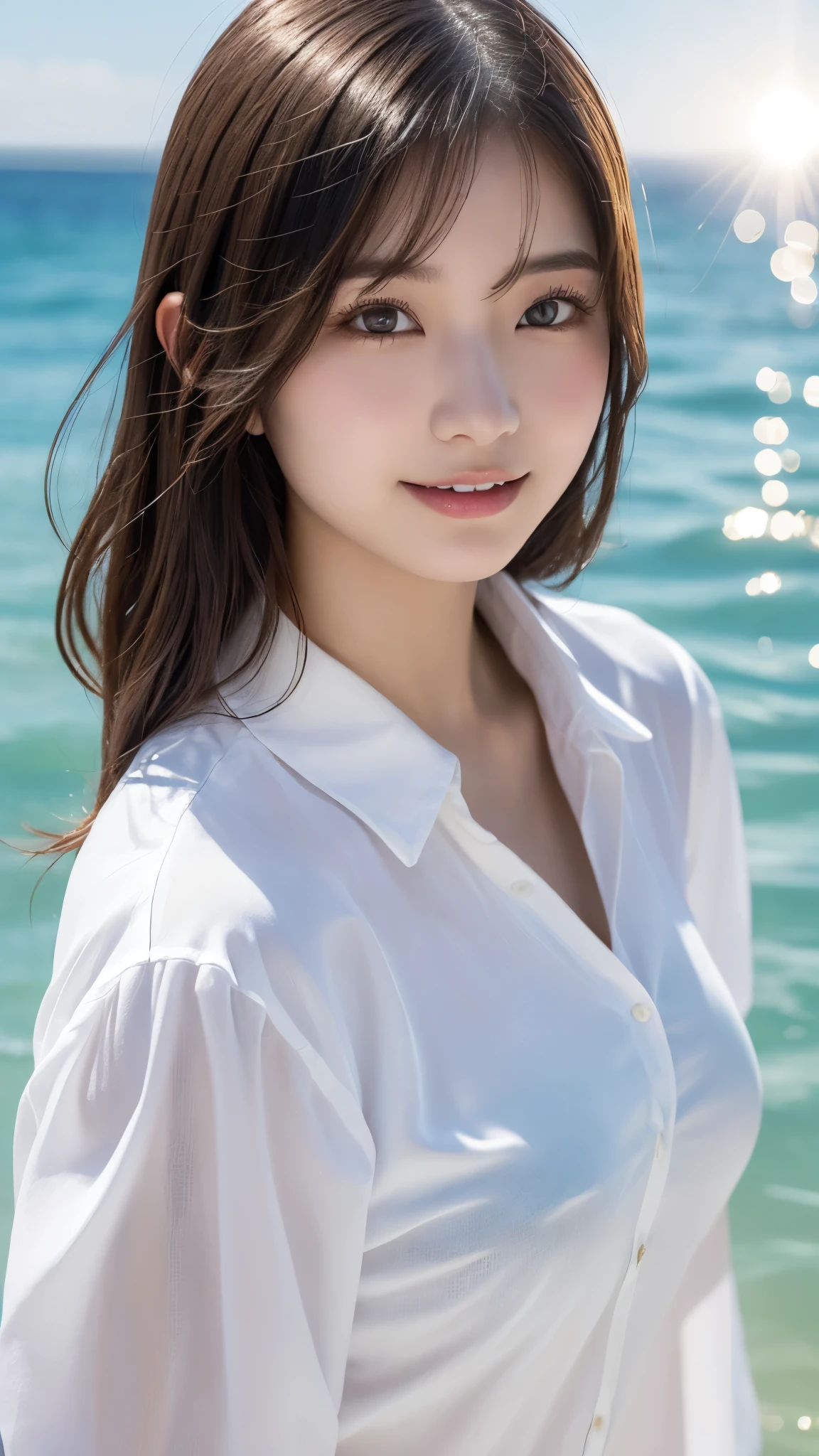 Oversized white collared shirt、Naked except for a shirt、full body shot、Complex and beautiful eyes、woman、womanらしい髪型、Natural color lip、Big Breasts、valley、bold and sexy pose、smile、Ocean、((18歳woman:1.ung adorable Japanese face, Official Art,Highly detailed CG Unity 8k wallpaper, (masterpiece:1.0),(highest quality:1.0), photo shoot, 8K, nsfw, High resolution, Kodak Portrait 400, Film Grain, Lens Flare Glow,View Viewer