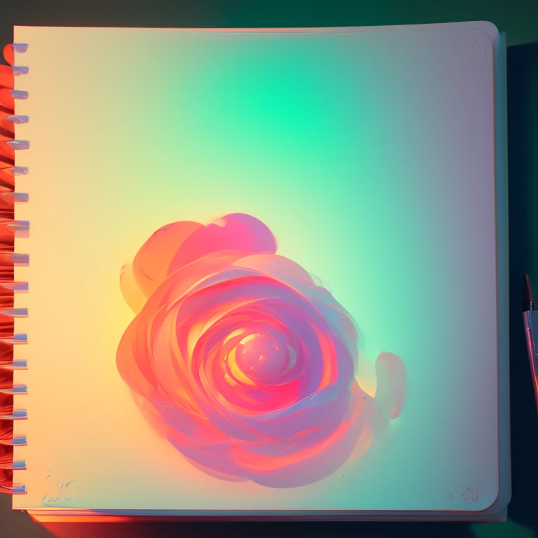 A captivating 3D render of a notebook page, showcasing the artist's signature "HANARA" in a stunning, phosphorescent palette. The modern and stylish lettering radiates the artist's distinctive creativity and flair, with vibrant hues such as rosy pink, violet, orange, and green. The mesmerizing and fashionable atmosphere is brought to life through the skillful fusion of illustration, typography, and the meticulously rendered notebook page. This exquisite blend of creativity, artistic expression, and a trendy, vibrant style is sure to leave a lasting impression. (masterpiece:1.2), (best quality), 4