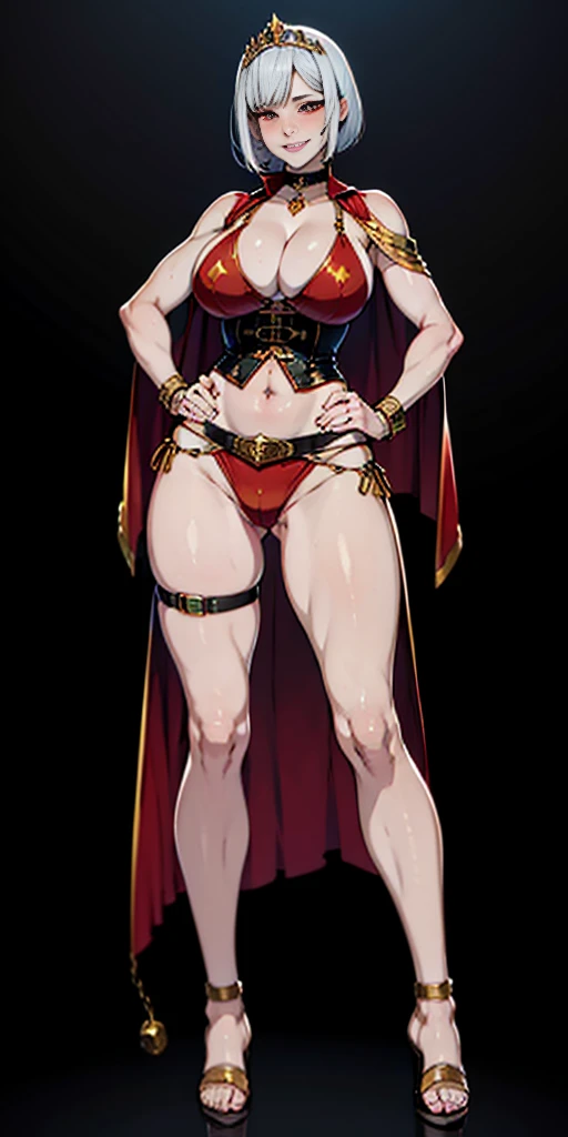 ((BLACK BACKGROUND,1:2, masterpiece)), full body MILF BIMBO standing with two long thighs and two high heels, red eyes, silver white hair, short bob style hair, big breasts, cleavage, separate sleeves, tiara royal, long cape up to two feet, yellow bikini, hands on waist, navel, lustful smirking smiling, smile face (red blushed, red cheeks), metal shoulders, gold sleeveless armbands, black leather choker slave collar, shackle bracelets, slave red crest, full body MILF BIMBO standing with two long thighs and two metal sandals, red eyes, silver white hair, short bob style hair, big breasts, cleavage, separate sleeves, tiara royal, long cape up to two feet, yellow bikini, tiger bikini stripes, hands on waist, navel, lustful smirking smiling, smile face (red blushed, red cheeks), metal shoulders, gold sleeveless armbands, black leather choker slave collar, shackle bracelets, slave red crest, pauldrons, breastplate, corset, eye focus, full body, whole body 1solo slave fighter, loincloth standing, hands on hips, metal sandals, backpack, choker, big belt around waist, view from below, feet together, bracers, tiara)