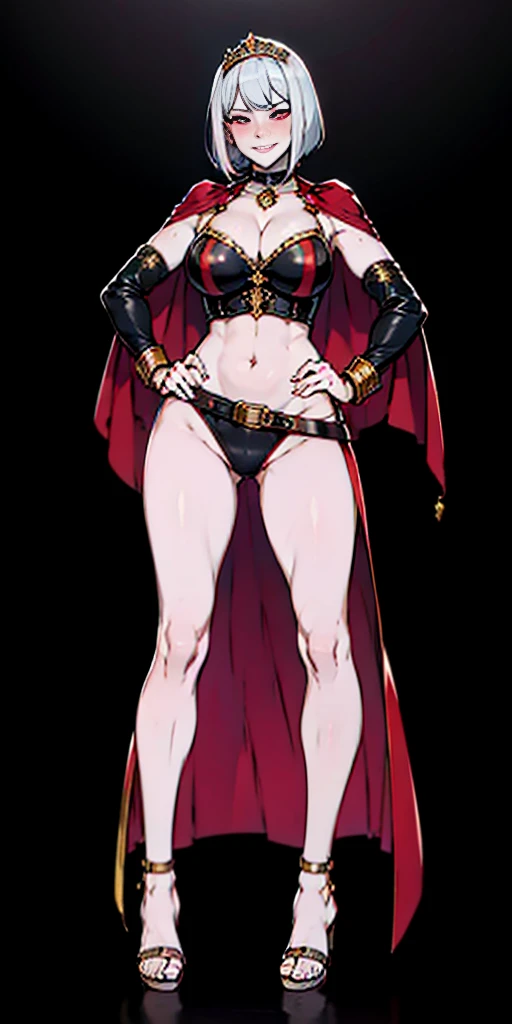((BLACK BACKGROUND,1:2, masterpiece)), full body MILF BIMBO standing with two long thighs and two high heels, red eyes, silver white hair, short bob style hair, big breasts, cleavage, separate sleeves, tiara royal, long cape up to two feet, yellow bikini, hands on waist, navel, lustful smirking smiling, smile face (red blushed, red cheeks), metal shoulders, gold sleeveless armbands, black leather choker slave collar, shackle bracelets, slave red crest, full body MILF BIMBO standing with two long thighs and two metal sandals, red eyes, silver white hair, short bob style hair, big breasts, cleavage, separate sleeves, tiara royal, long cape up to two feet, yellow bikini, tiger bikini stripes, hands on waist, navel, lustful smirking smiling, smile face (red blushed, red cheeks), metal shoulders, gold sleeveless armbands, black leather choker slave collar, shackle bracelets, slave red crest, pauldrons, breastplate, corset, eye focus, full body, whole body 1solo slave fighter, loincloth standing, hands on hips, metal sandals, backpack, choker, big belt around waist, view from below, feet together, bracers, tiara)