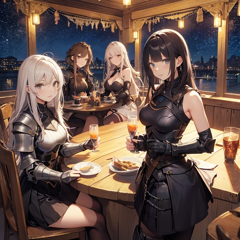 A group of young female knight, (in tavern), various hair styles, harem, wearing armored clothes, metal armor, night, details face, , short skirt, seducing, sword, sleeveless , night, starry night 