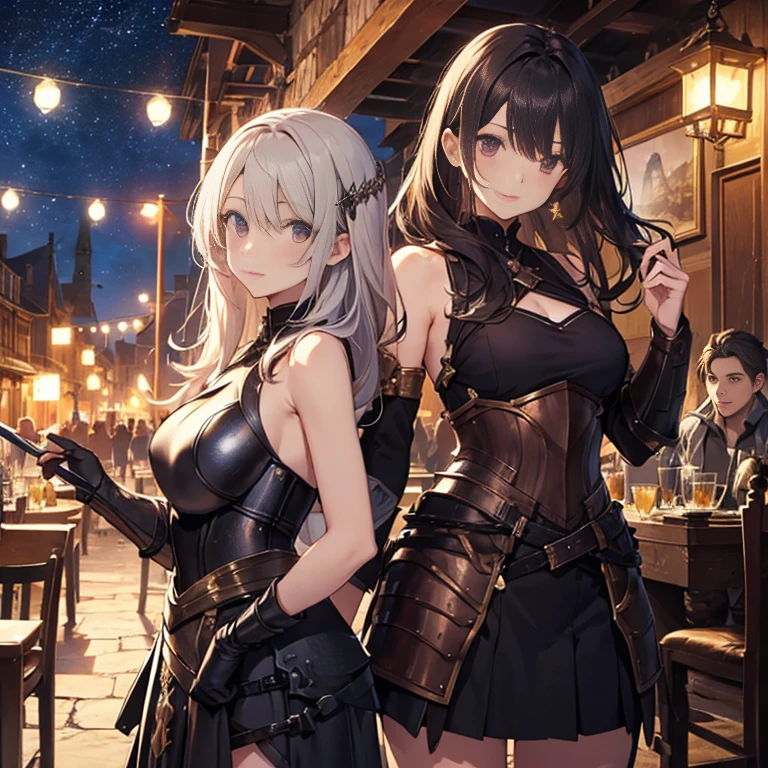 A group of young female knight, (in tavern), various hair styles, harem, wearing armored clothes, metal armor, night, details face, , short skirt, seducing, sword, sleeveless , night, starry night 